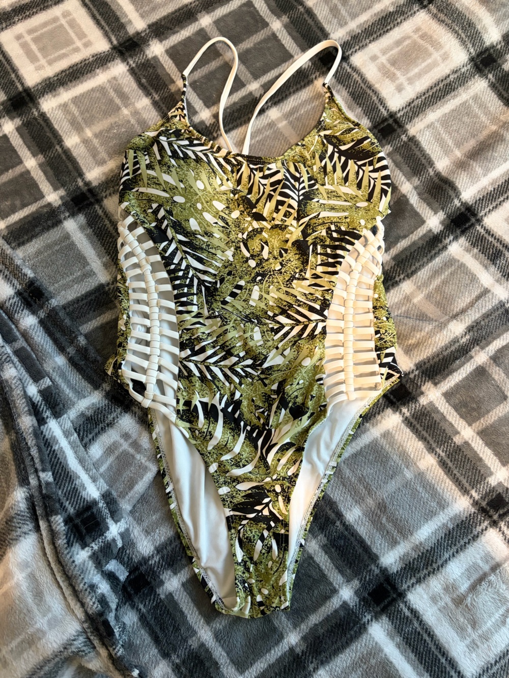 TiniBikini Green and White Tropical Kids One-Piece Swimsuit with Lattice Detail